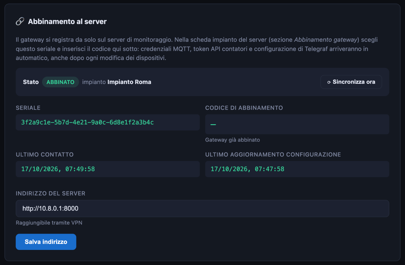 Pannello del gateway: Abbinamento al server